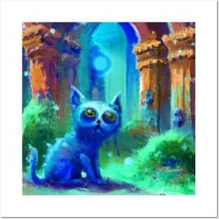 Cute Blue Cat Got Lost in the Ancient Ruins Posters and Art